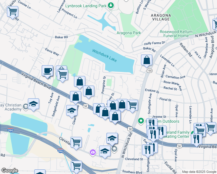 map of restaurants, bars, coffee shops, grocery stores, and more near 5218 Condor Street in Virginia Beach