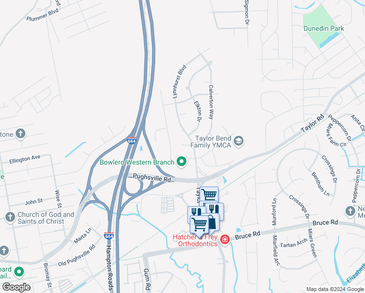 map of restaurants, bars, coffee shops, grocery stores, and more near 3605 Calverton Court in Chesapeake