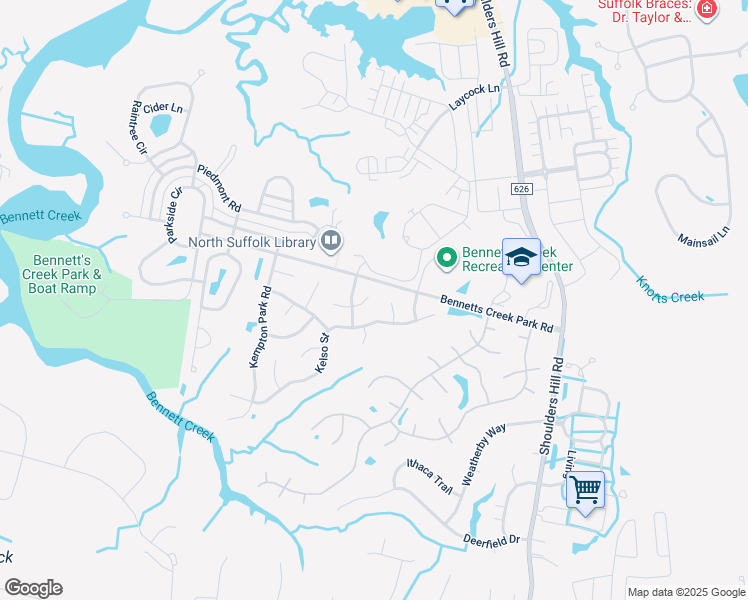 map of restaurants, bars, coffee shops, grocery stores, and more near 3508 Fontwell Court in Suffolk