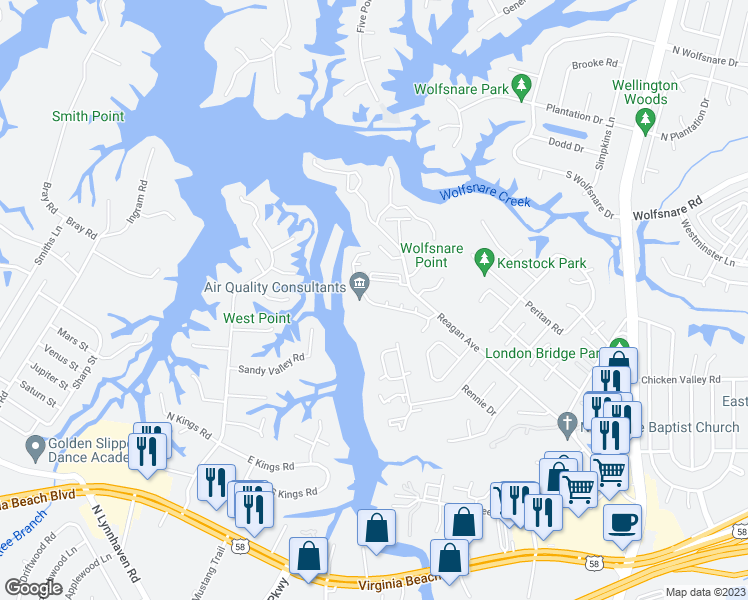 map of restaurants, bars, coffee shops, grocery stores, and more near 2624 Cove Point Place in Virginia Beach