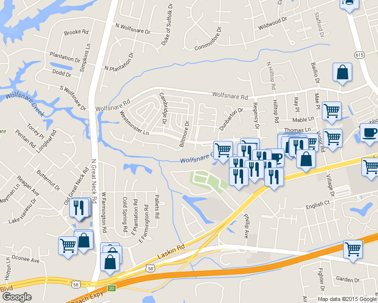 map of restaurants, bars, coffee shops, grocery stores, and more near 509 Carnaby Court in Virginia Beach
