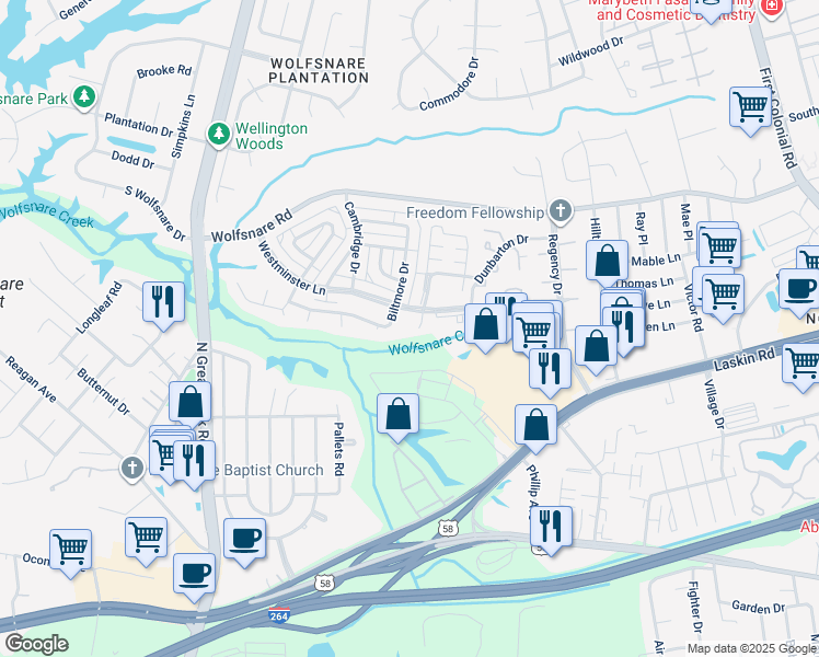 map of restaurants, bars, coffee shops, grocery stores, and more near 509 Carnaby Court in Virginia Beach