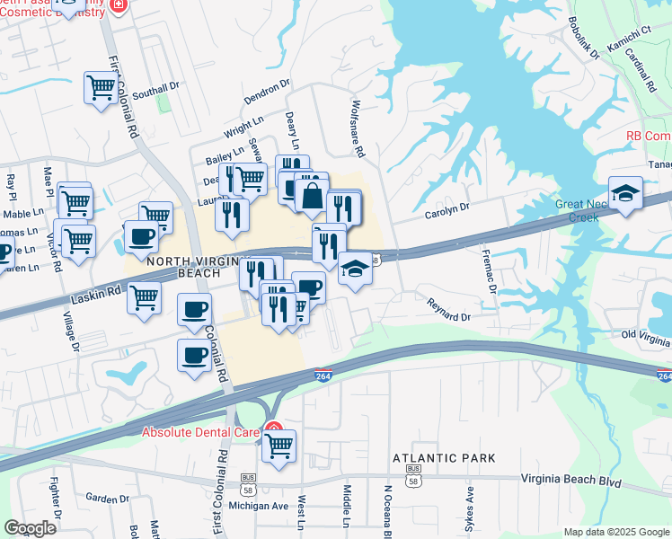 map of restaurants, bars, coffee shops, grocery stores, and more near 1577 Laskin Road in Virginia Beach