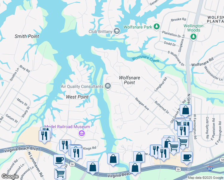 map of restaurants, bars, coffee shops, grocery stores, and more near 2626 Cove Point Place in Virginia Beach