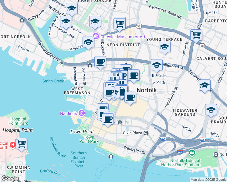 map of restaurants, bars, coffee shops, grocery stores, and more near in Norfolk