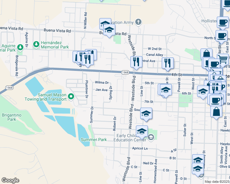 map of restaurants, bars, coffee shops, grocery stores, and more near 600 Gabriele Court in Hollister