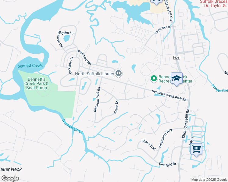 map of restaurants, bars, coffee shops, grocery stores, and more near 3004 Carlisle Court in Suffolk