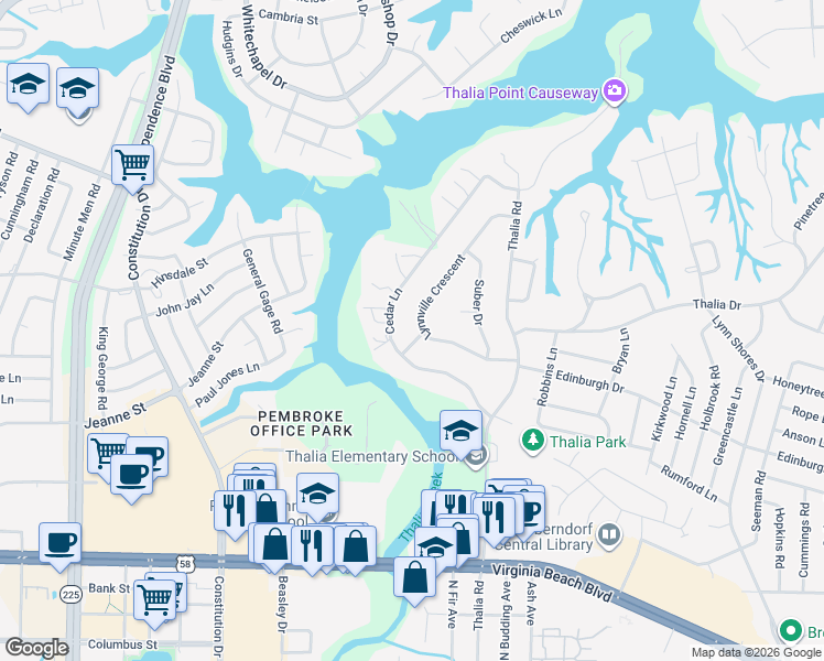 map of restaurants, bars, coffee shops, grocery stores, and more near 4337 Lynnville Crescent in Virginia Beach
