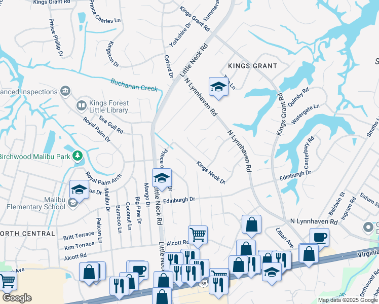 map of restaurants, bars, coffee shops, grocery stores, and more near 3404 Kings Neck Drive in Virginia Beach