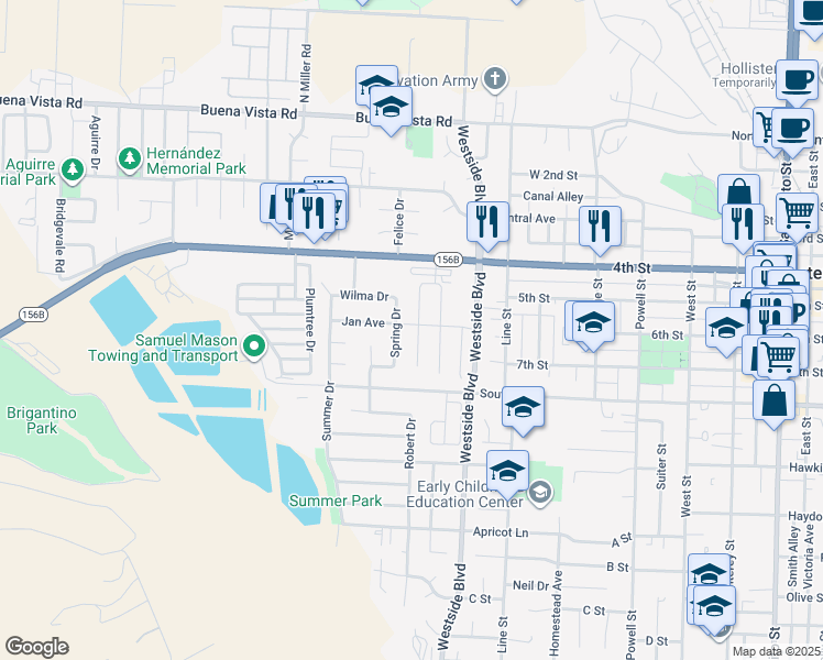 map of restaurants, bars, coffee shops, grocery stores, and more near 600 Gabriele Court in Hollister