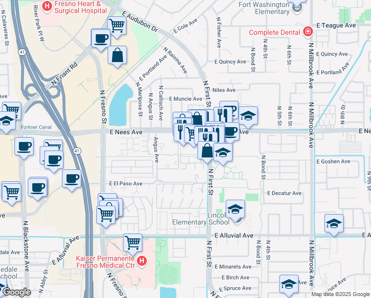 map of restaurants, bars, coffee shops, grocery stores, and more near 7737 North First Street in Fresno
