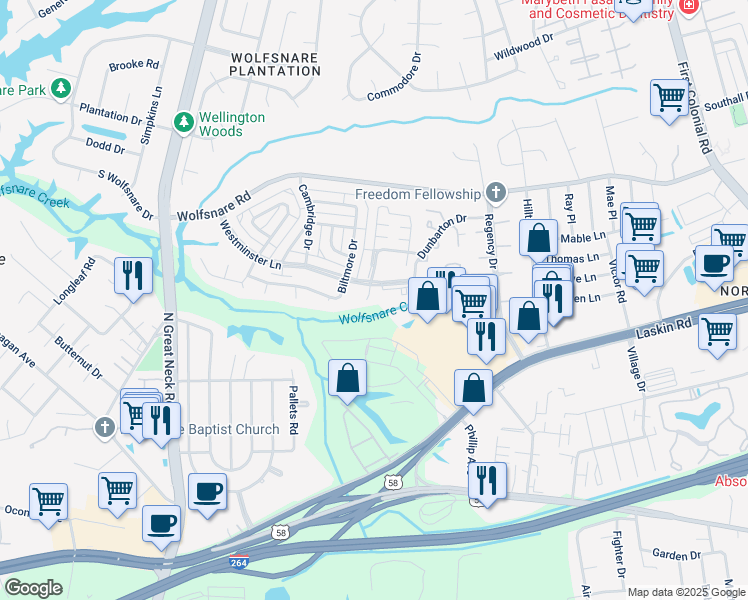 map of restaurants, bars, coffee shops, grocery stores, and more near 508 Carnaby Court in Virginia Beach