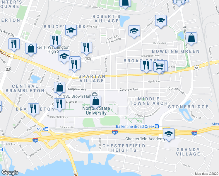 map of restaurants, bars, coffee shops, grocery stores, and more near 2516 Corprew Avenue in Norfolk