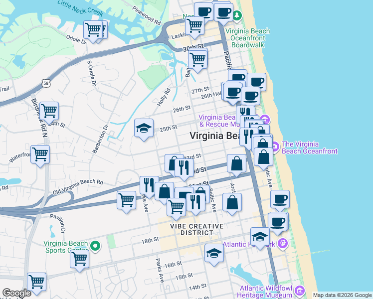 map of restaurants, bars, coffee shops, grocery stores, and more near 512 24th Street in Virginia Beach