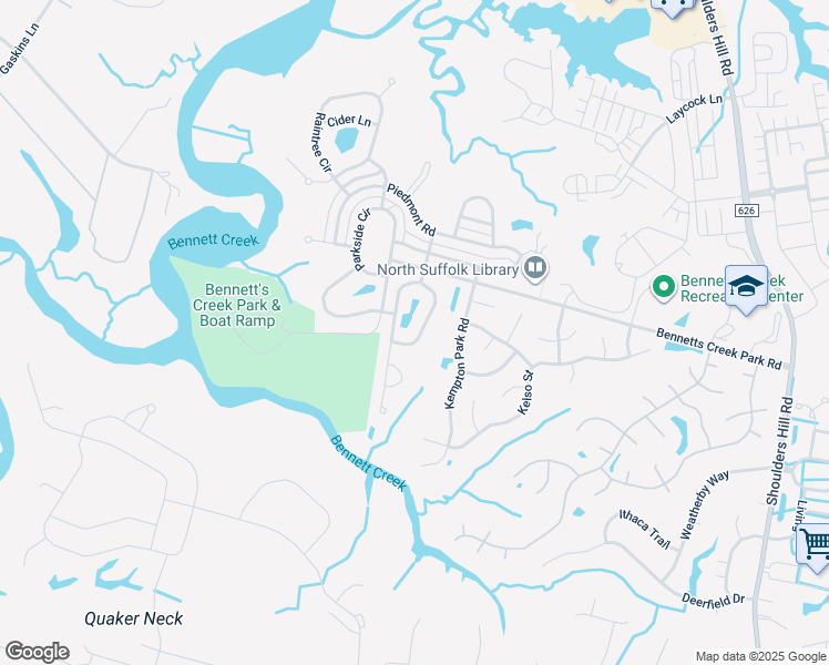 map of restaurants, bars, coffee shops, grocery stores, and more near 3037 Silver Charm Circle in Suffolk