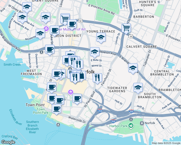 map of restaurants, bars, coffee shops, grocery stores, and more near 443 Saint Pauls Boulevard in Norfolk