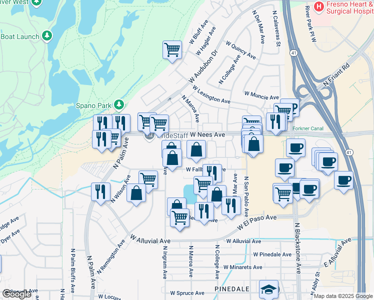 map of restaurants, bars, coffee shops, grocery stores, and more near 485 West Nees Avenue in Fresno