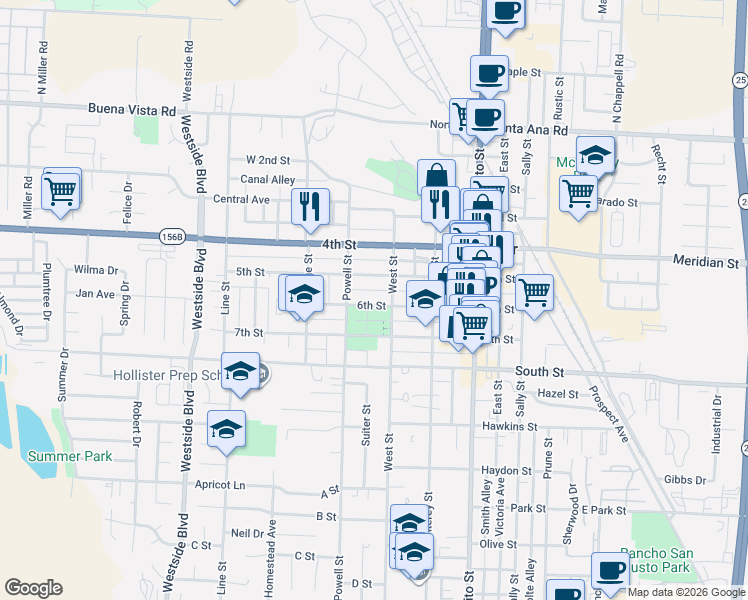 map of restaurants, bars, coffee shops, grocery stores, and more near 578 6th Street in Hollister