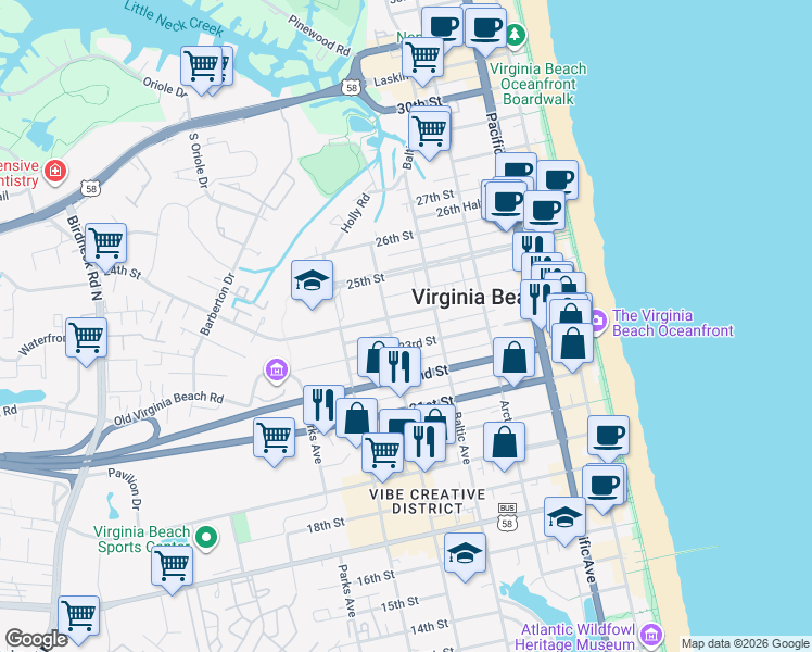 map of restaurants, bars, coffee shops, grocery stores, and more near 515 23 1/2 Street in Virginia Beach