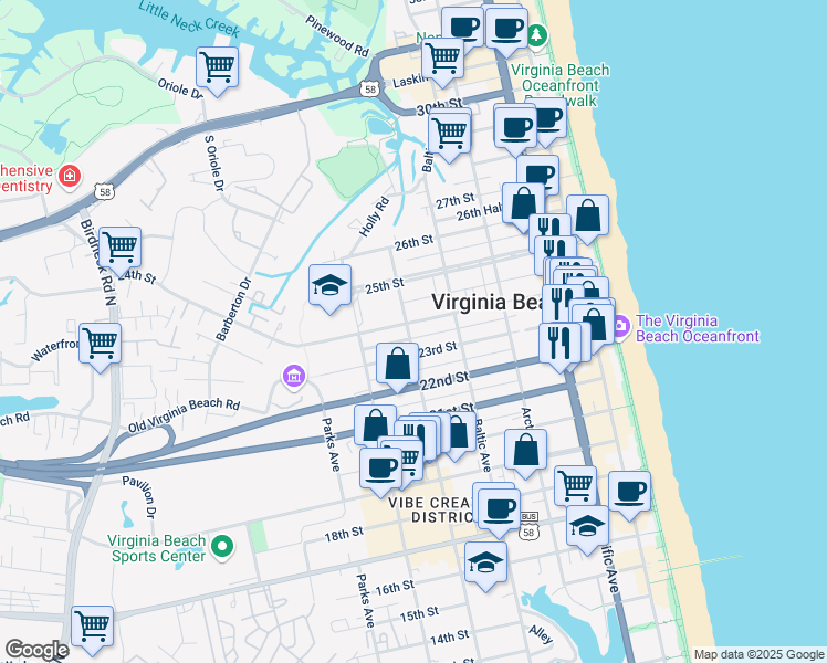 map of restaurants, bars, coffee shops, grocery stores, and more near 514 24th Street in Virginia Beach