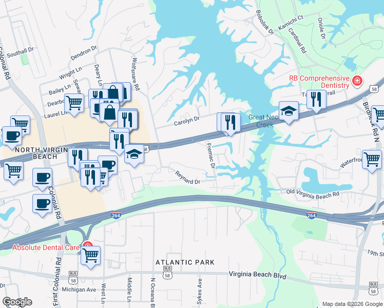 map of restaurants, bars, coffee shops, grocery stores, and more near 1400-1498 Reynard Crescent in Virginia Beach