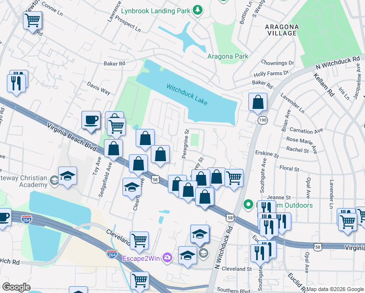 map of restaurants, bars, coffee shops, grocery stores, and more near 418 Peregrine Street in Virginia Beach