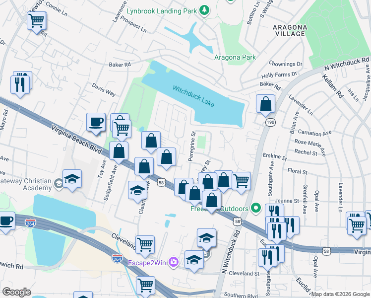 map of restaurants, bars, coffee shops, grocery stores, and more near 418 Peregrine Street in Virginia Beach