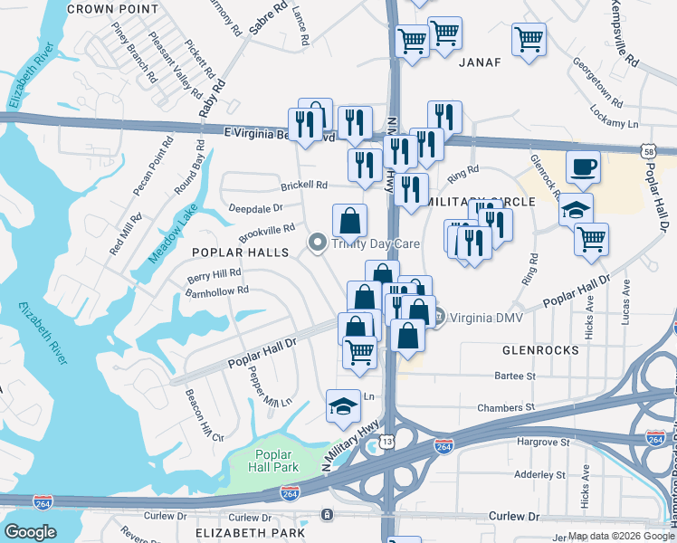 map of restaurants, bars, coffee shops, grocery stores, and more near 526 Briar Hill Road in Norfolk