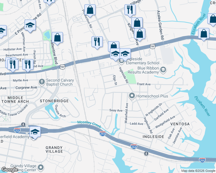 map of restaurants, bars, coffee shops, grocery stores, and more near 3507 Trant Avenue in Norfolk