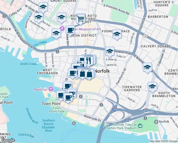 map of restaurants, bars, coffee shops, grocery stores, and more near 401 Monticello Avenue in Norfolk