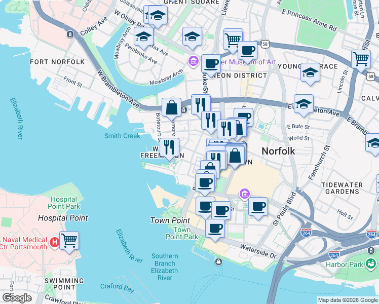 map of restaurants, bars, coffee shops, grocery stores, and more near 227 College Place in Norfolk