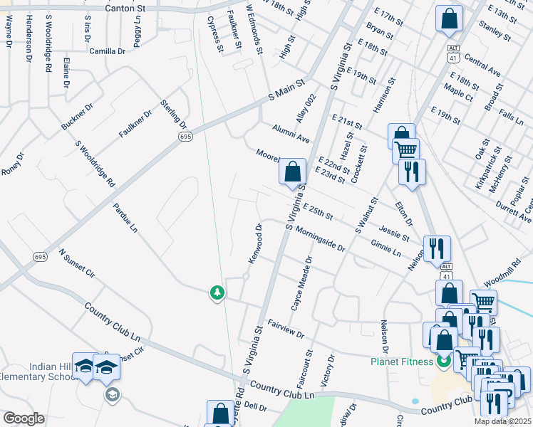 map of restaurants, bars, coffee shops, grocery stores, and more near 2601-2611 Kenwood Drive in Hopkinsville