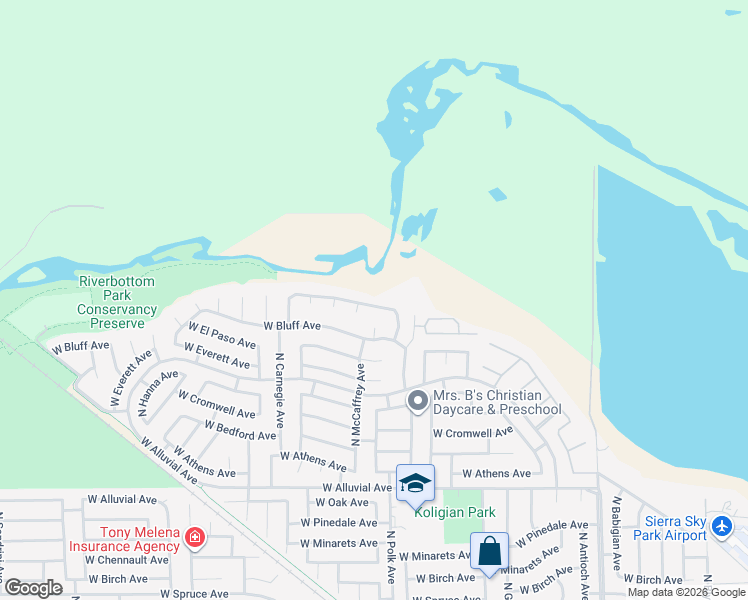 map of restaurants, bars, coffee shops, grocery stores, and more near 5498 West River Bottom Avenue in Fresno