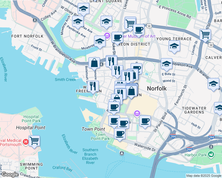 map of restaurants, bars, coffee shops, grocery stores, and more near 200 College Place in Norfolk