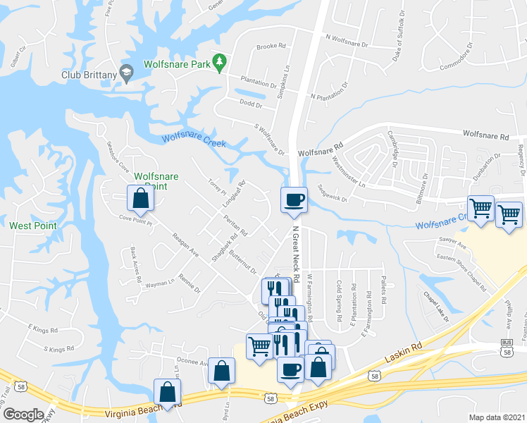 map of restaurants, bars, coffee shops, grocery stores, and more near 560 Longleaf Road in Virginia Beach
