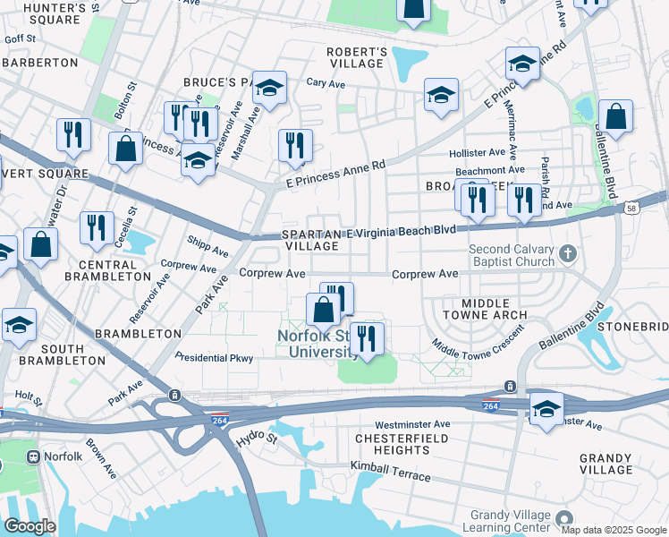 map of restaurants, bars, coffee shops, grocery stores, and more near 2422 Corprew Avenue in Norfolk