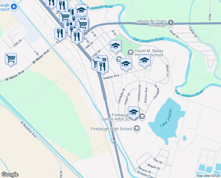 map of restaurants, bars, coffee shops, grocery stores, and more near 1790 Corregidor Avenue in Firebaugh