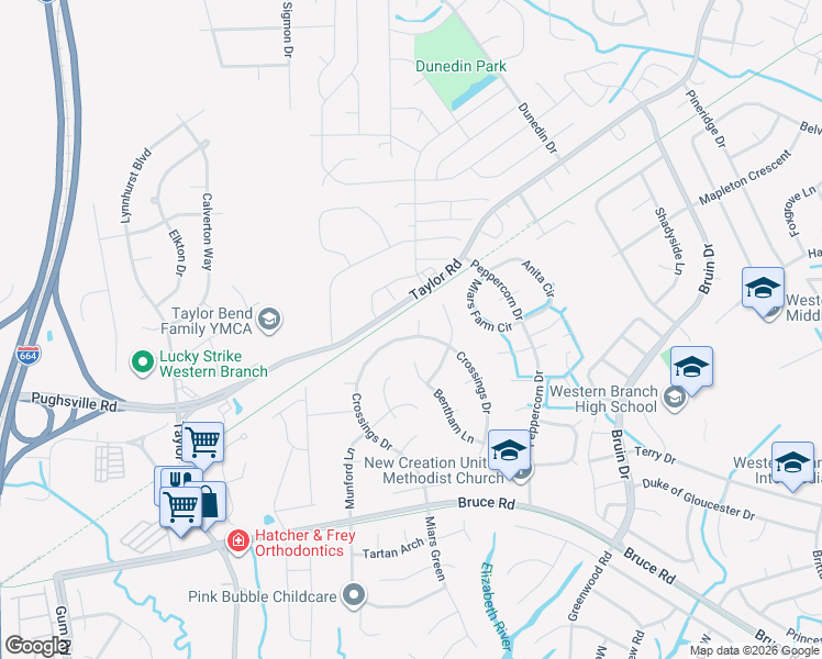 map of restaurants, bars, coffee shops, grocery stores, and more near 3500 Mallow Court in Chesapeake