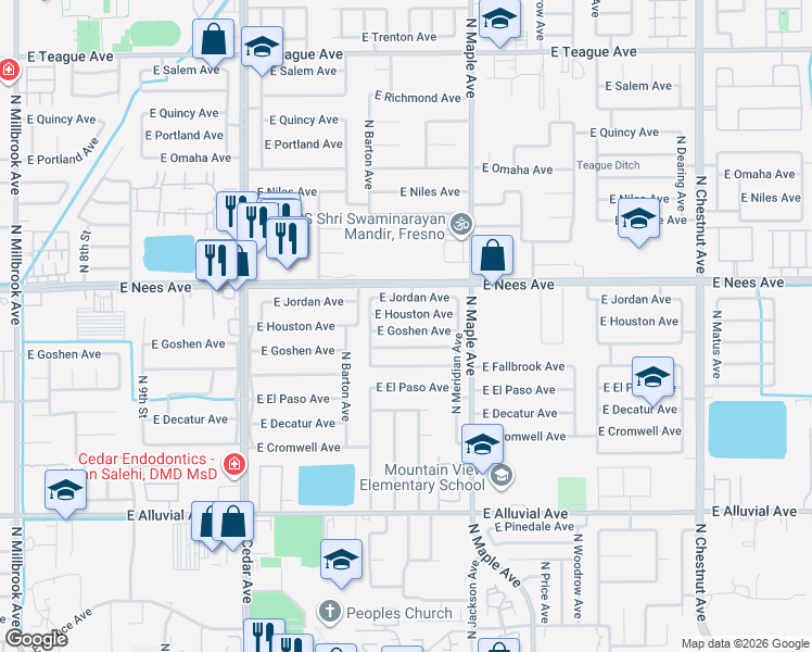 map of restaurants, bars, coffee shops, grocery stores, and more near 1779 East Goshen Avenue in Fresno