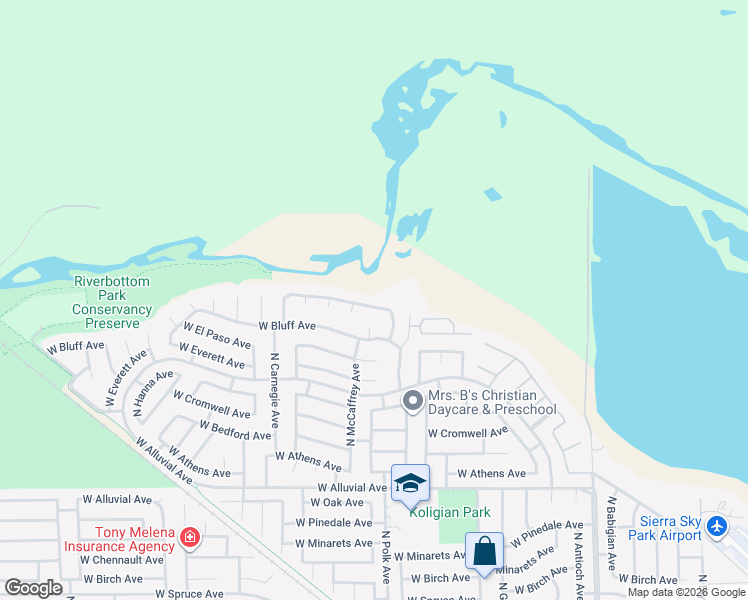 map of restaurants, bars, coffee shops, grocery stores, and more near 5498 West River Bottom Avenue in Fresno