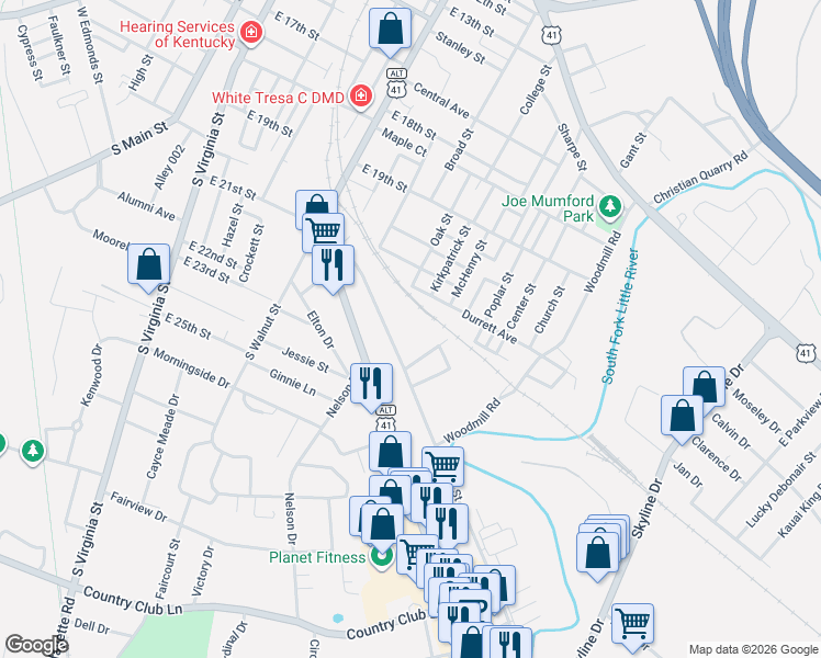 map of restaurants, bars, coffee shops, grocery stores, and more near 856 East 21st Street in Hopkinsville