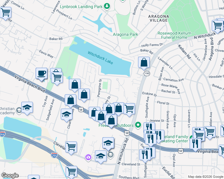 map of restaurants, bars, coffee shops, grocery stores, and more near 585 Peregrine Street in Virginia Beach