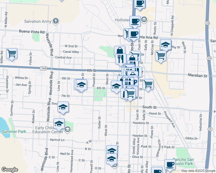 map of restaurants, bars, coffee shops, grocery stores, and more near 488 6th Street in Hollister