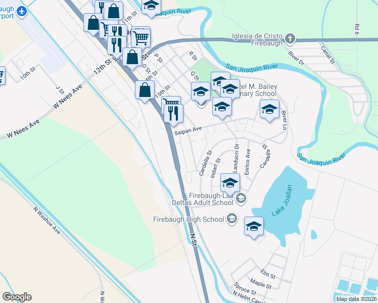 map of restaurants, bars, coffee shops, grocery stores, and more near 1790 Corregidor Avenue in Firebaugh