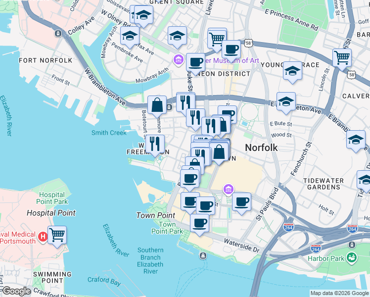 map of restaurants, bars, coffee shops, grocery stores, and more near 200 College Place in Norfolk