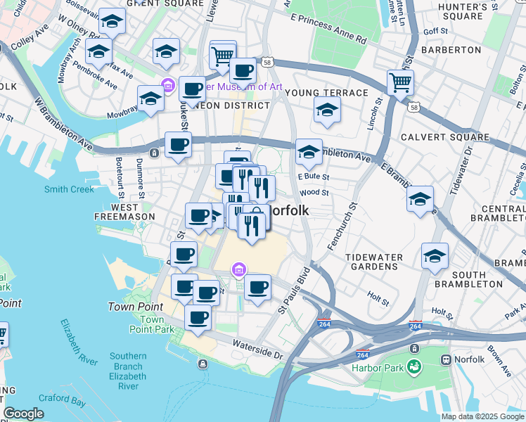map of restaurants, bars, coffee shops, grocery stores, and more near 409 Bank Street in Norfolk