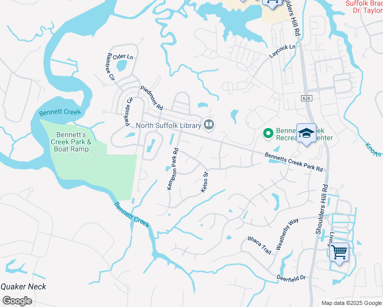map of restaurants, bars, coffee shops, grocery stores, and more near 3511 Sedgefield Street in Suffolk