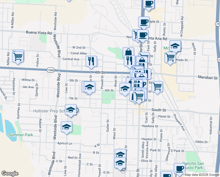 map of restaurants, bars, coffee shops, grocery stores, and more near 578 6th Street in Hollister