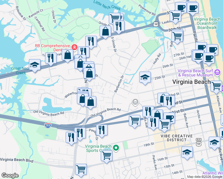 map of restaurants, bars, coffee shops, grocery stores, and more near 540 Barberton Drive in Virginia Beach
