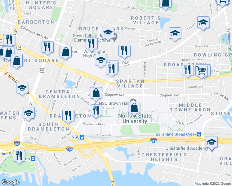 map of restaurants, bars, coffee shops, grocery stores, and more near 1644 Corprew Avenue in Norfolk